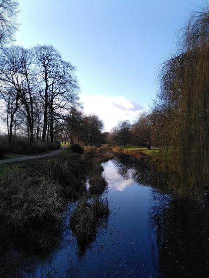 Der blaue Himmel und ein paar Wolken spiegeln sich im tiefblauen Wasser