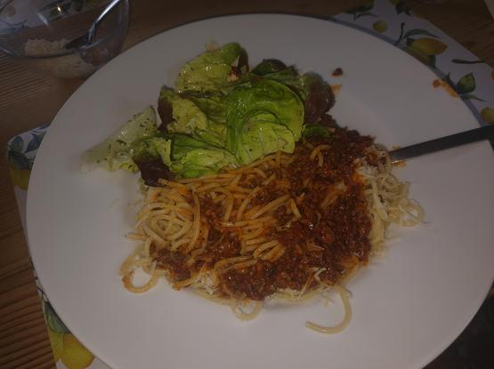 Teller Spaghetti Bikognese mit Blattsalat,  Parmesan in der Nebenrolle