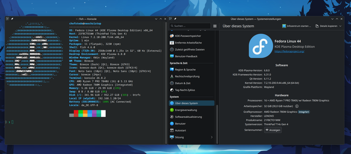 Desktop screenshot featuring two dark-themed windows side by side against a blue landscape wallpaper:

Left window (Konsole terminal): Displays a system fetch summary alongside the Fedora ASCII logo. It lists the OS as Fedora Linux 44 (KDE Plasma Desktop Edition) x86_64, running Linux Kernel 7.2.10 on a Lenovo ThinkPad T14s Gen 4. Desktop environment is shown as KDE Plasma 6.8.0 on KWin (Wayland), with Breeze Dark themes and an AMD Ryzen 7 PRO 7840U processor.

Right window (KDE System Settings / Über dieses System): Shows detailed system information including the Fedora logo, KDE Plasma Version 6.8.0, KDE Frameworks Version 6.31.0, Qt Version 6.11.2, Wayland graphics platform, and hardware details with 32 GiB RAM and AMD Radeon 780M Graphics.