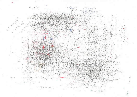 a white piece of paper with lots of tiny black dots, some in other colors and some a little larger dots and smears in blue and red.