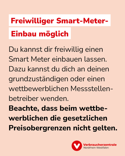 Text: "Freiwilliger Smart-Meter-Einbau möglich. Du kannst dir freiwillig einen Smart Meter einbauen lassen. Dazu kannst du dich an deinen grundzuständigen oder einen wettbewerblichen Messstellenbetreiber wenden. Beachte, dass beim wettbewerblichen die gesetzlichen Preisobergrenzen nicht gelten."