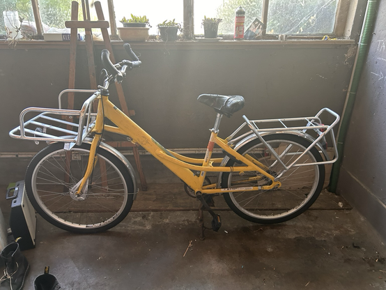 Vélo jaune la poste avec un porte colis à l’avant (qui peut même porter des personnes lol) et un porte bagage à l’arrière